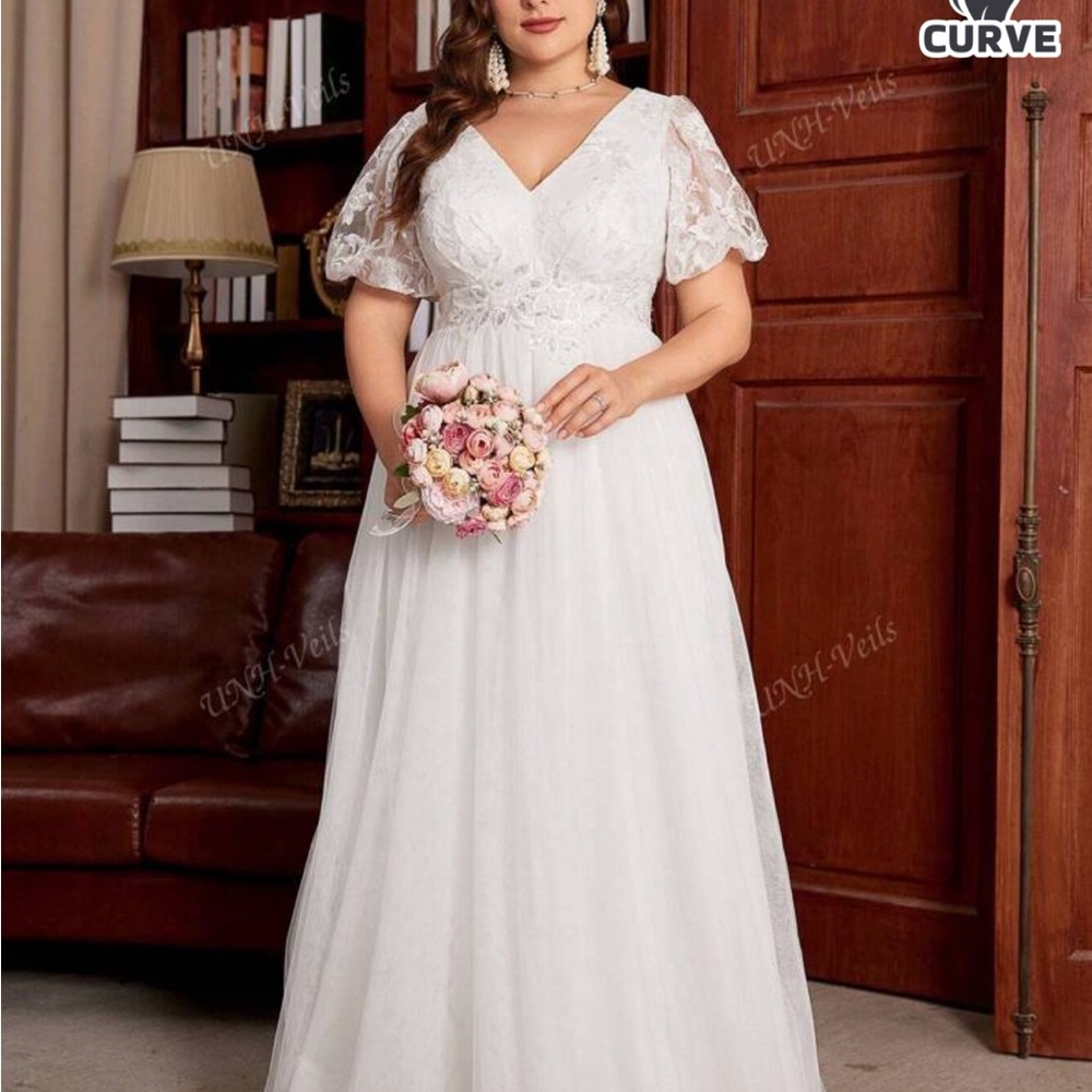 SHEIN White Flutter Sleeve V-Neck Wedding Gown